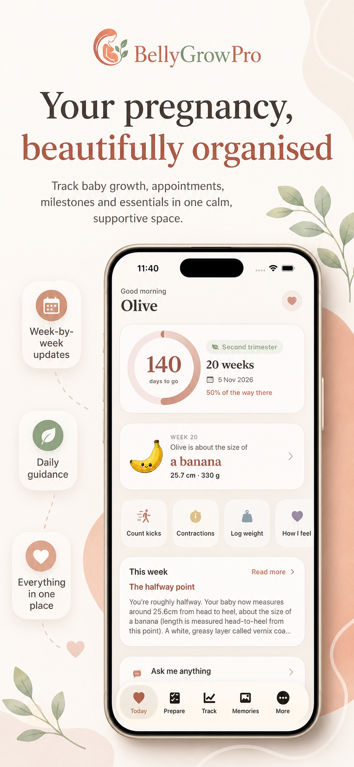 BellyGrowPro Today — your week, your countdown, your baby’s size.