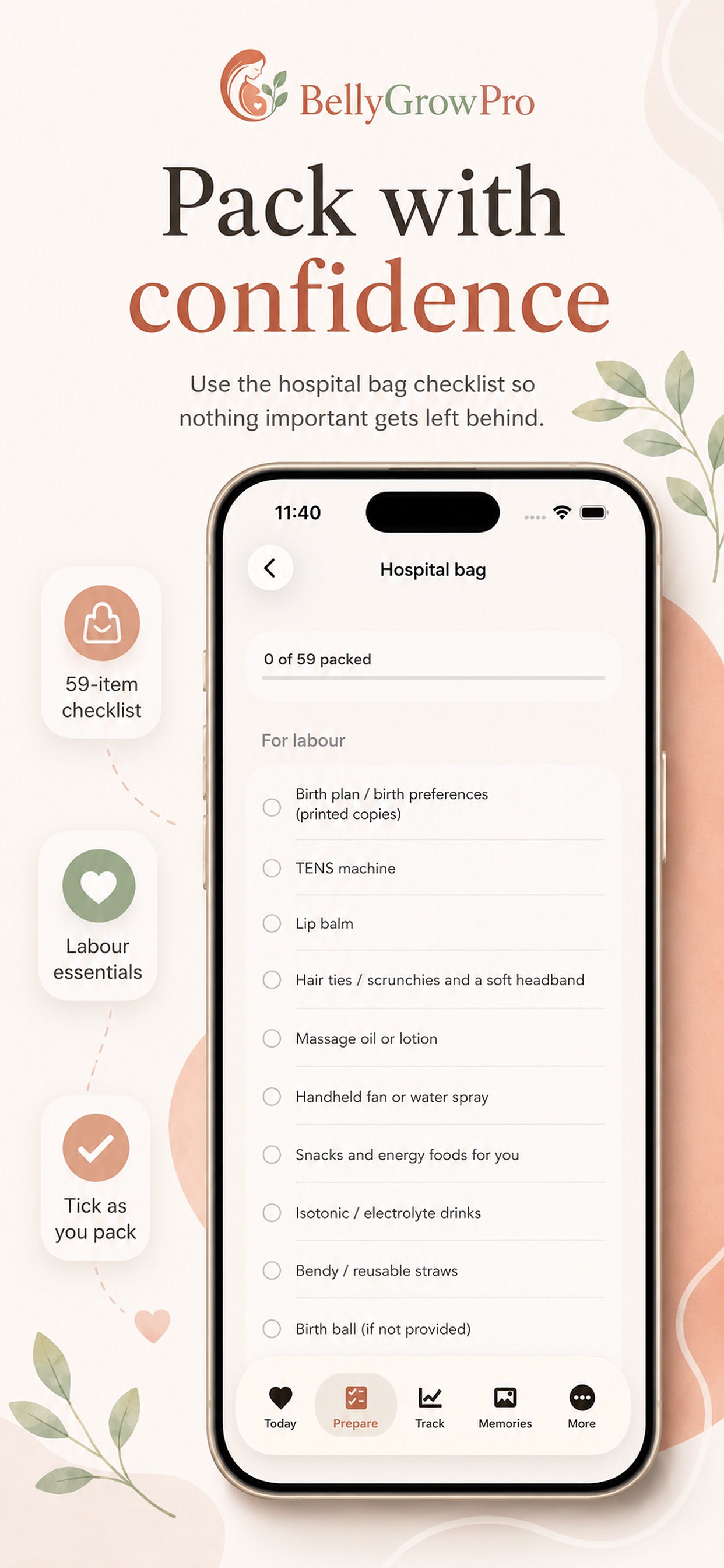 BellyGrowPro Hospital bag — a calm, complete checklist.