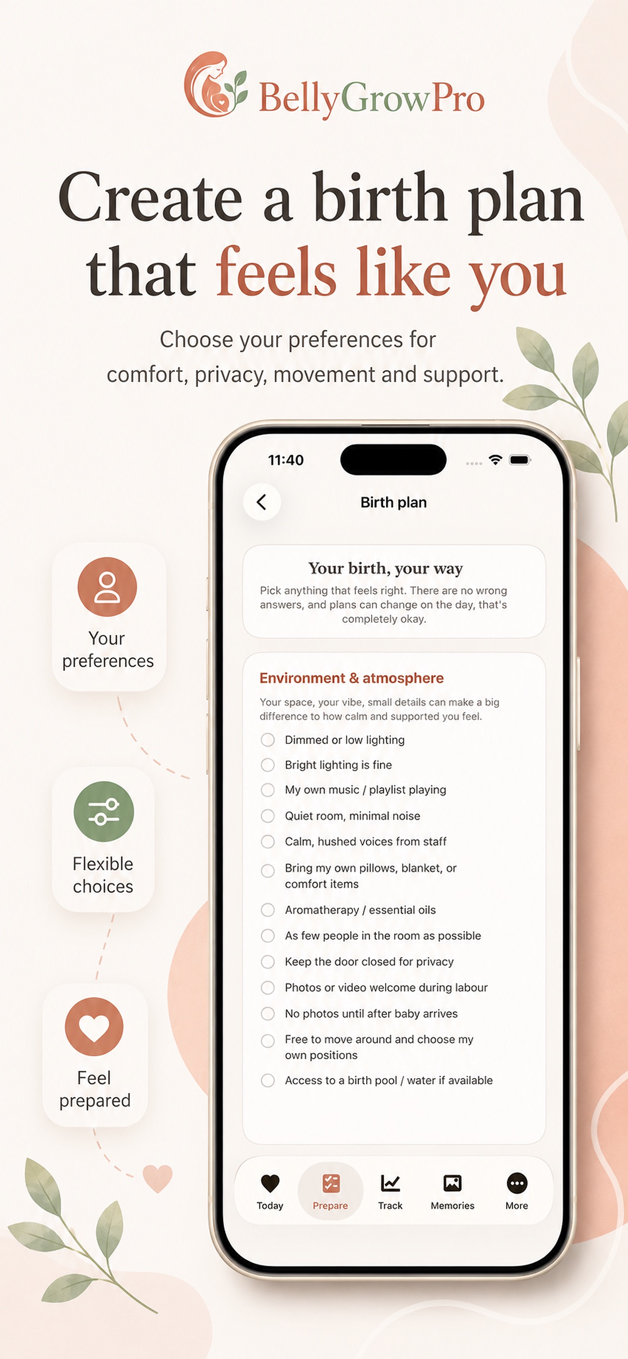BellyGrowPro Birth plan — your preferences, written down.