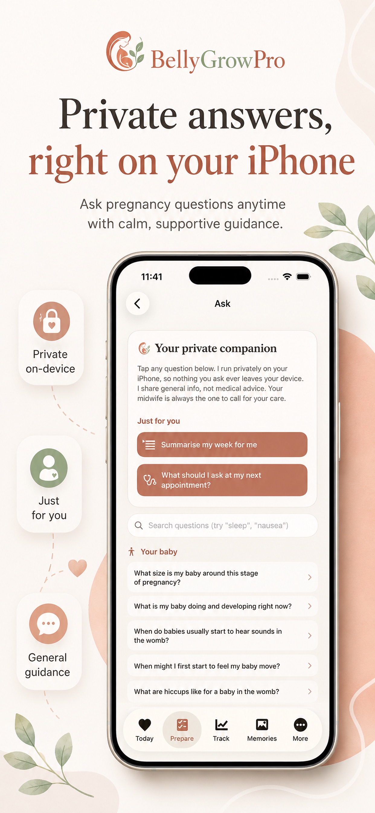 BellyGrowPro Ask — a private companion that runs entirely on your iPhone.