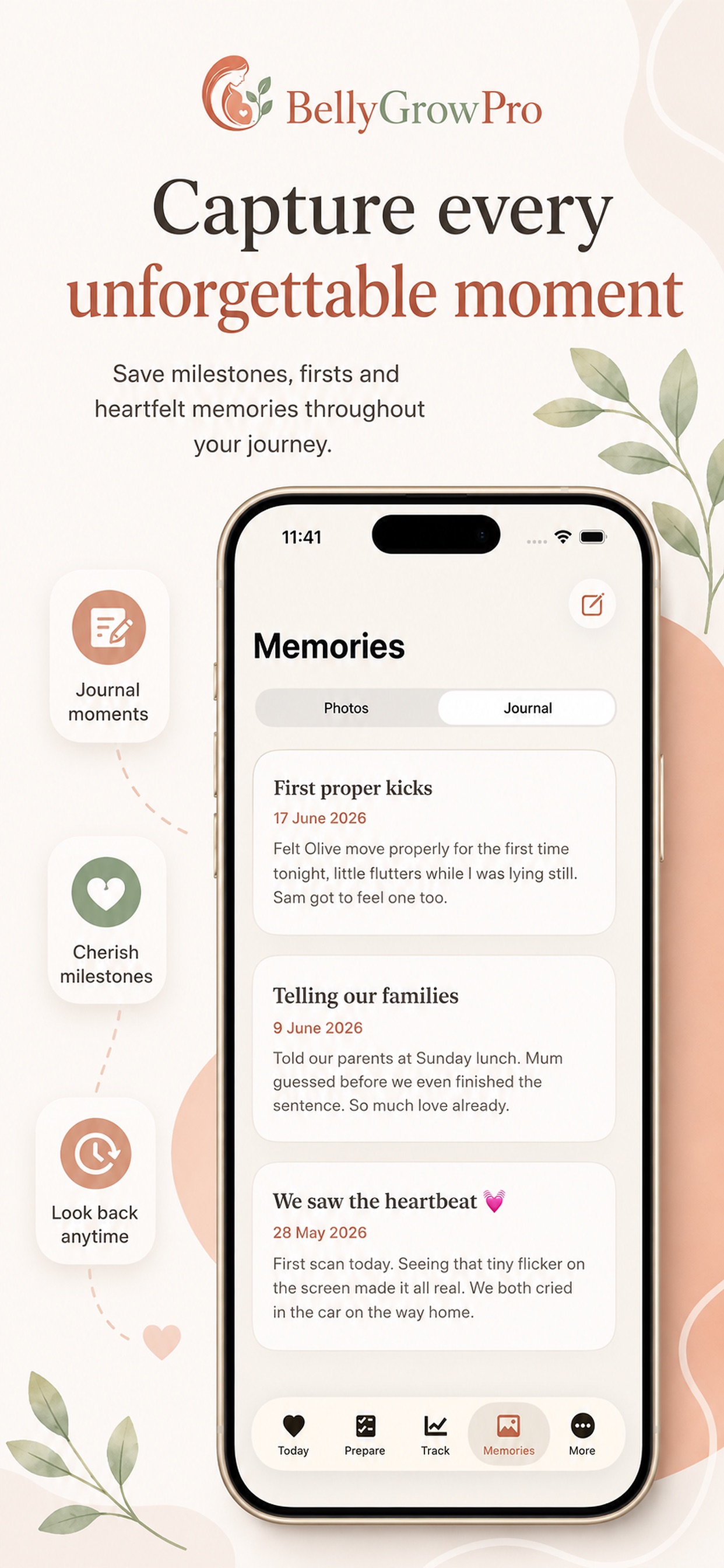 BellyGrowPro Memories — bump photos, scans and a private journal.
