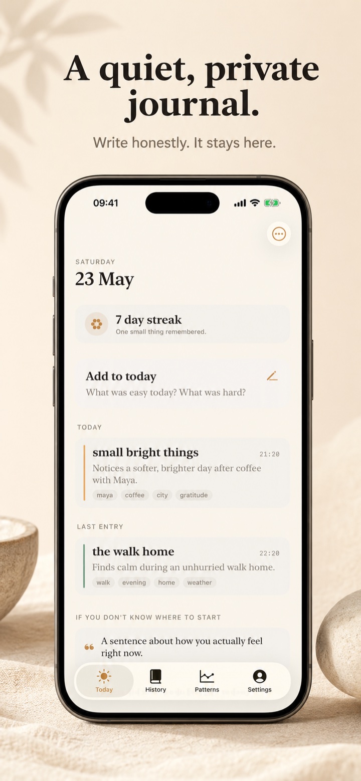 Cairn Today screen — a quiet, private journal.
