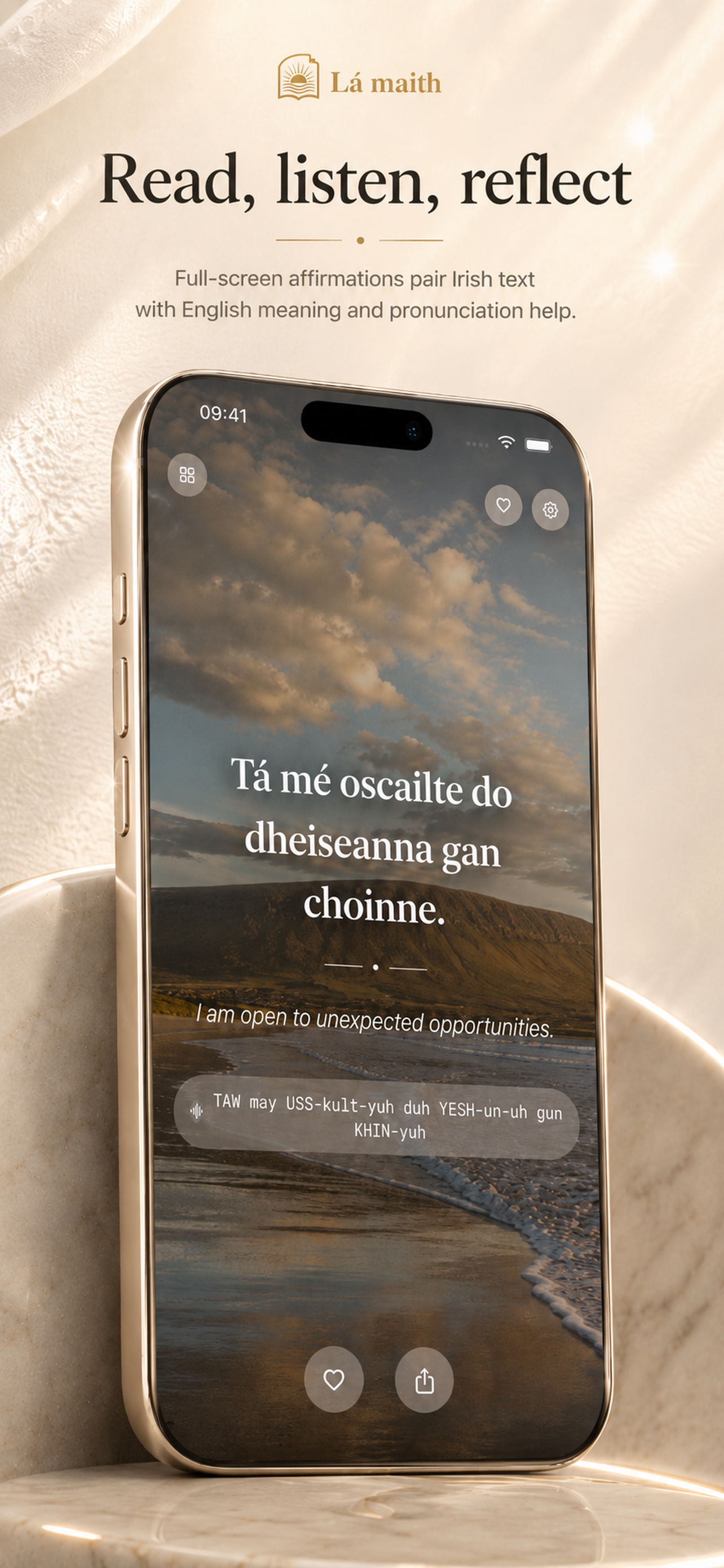 Read, listen and reflect — a soft audio reading for every Irish line.