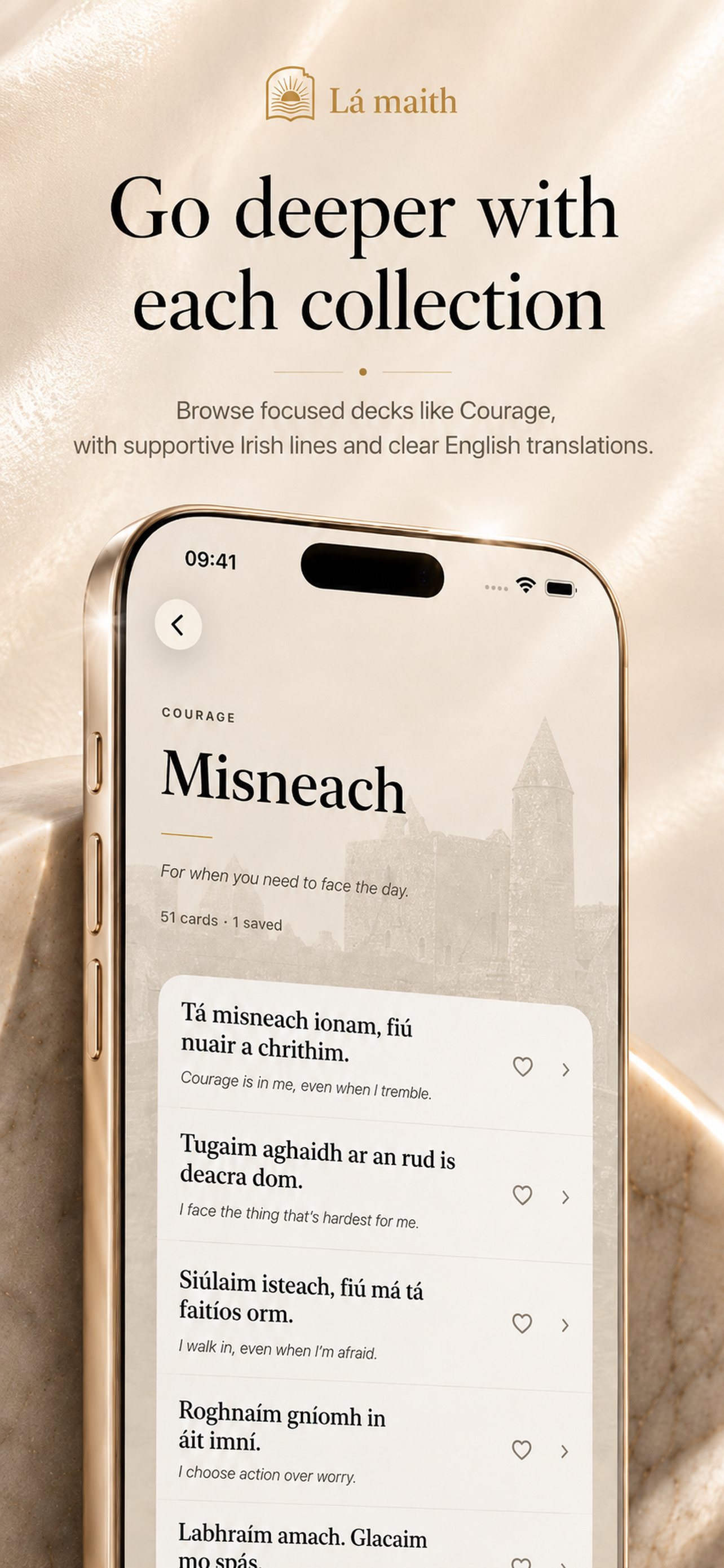 Go deeper with each mood-led Irish collection — Misneach, Buíochas, Grá and more.