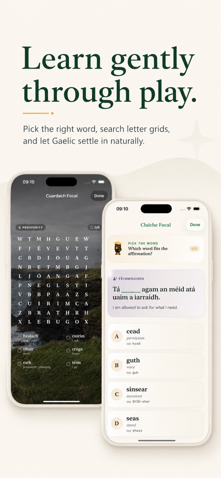 Learn Gaelic gently through play — word grids and pick-the-word.