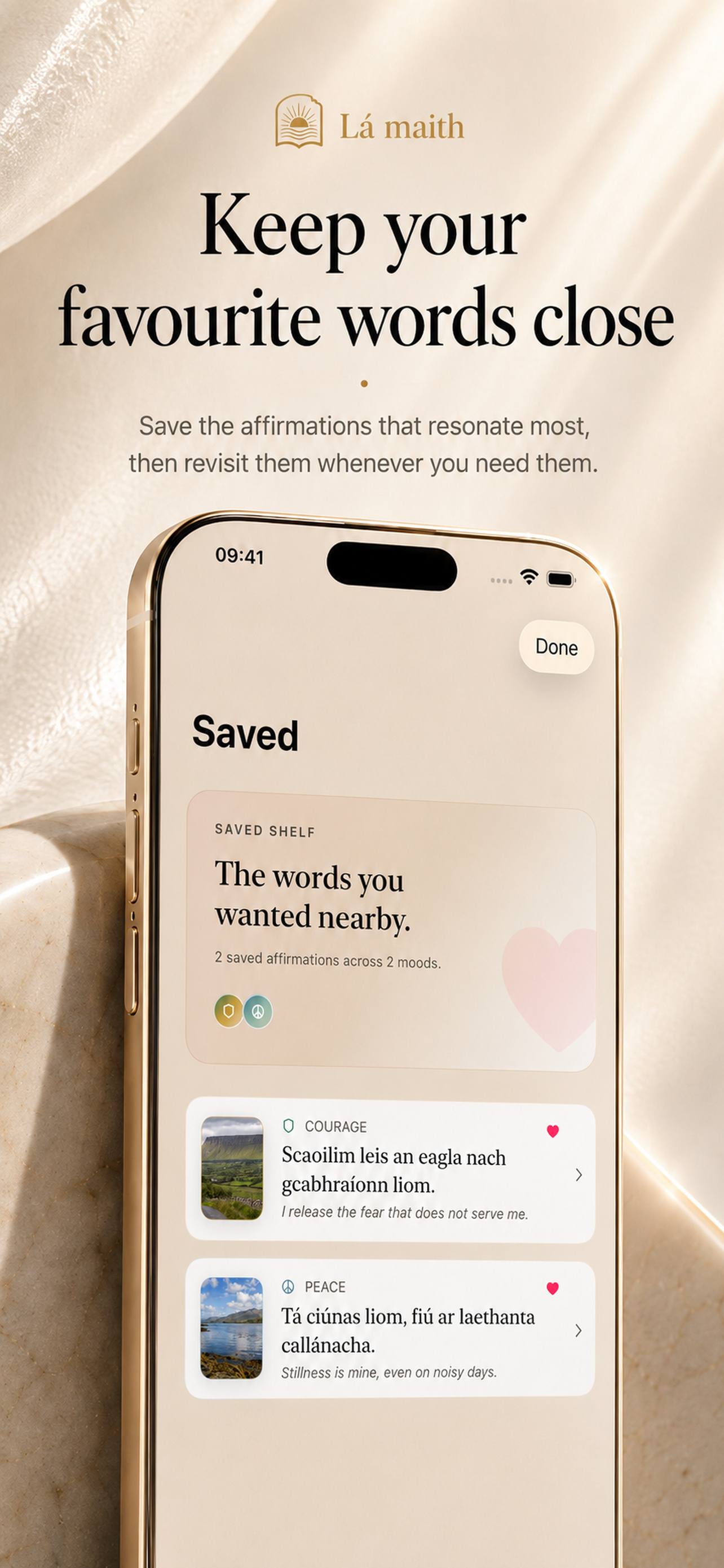 Keep your favourite Irish words close — Lá Maith Saved.